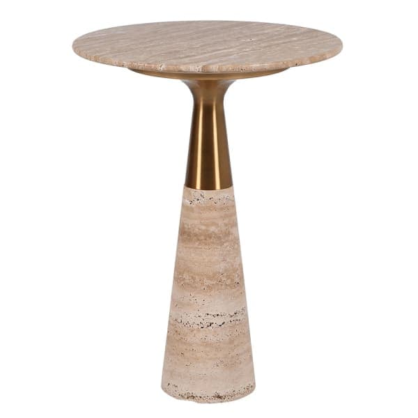 A small, round side table featuring a light beige travertine top, a polished brass stem, and a conical travertine base. The natural stone shows distinct striations and a subtly porous texture. — 3D model