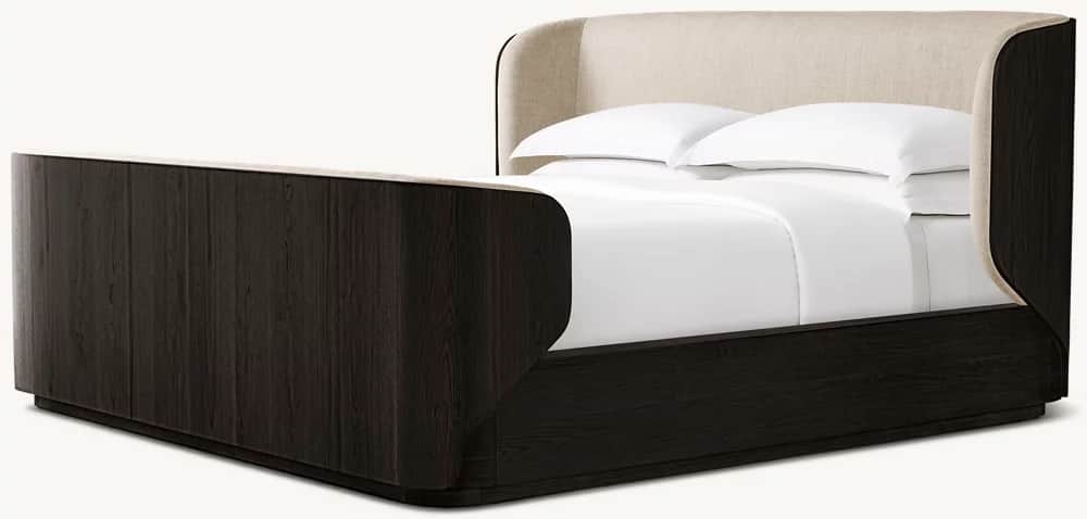 A modern platform bed featuring a dark wood frame with distinct graining and gently curved corners.… — free BLEND 3D model