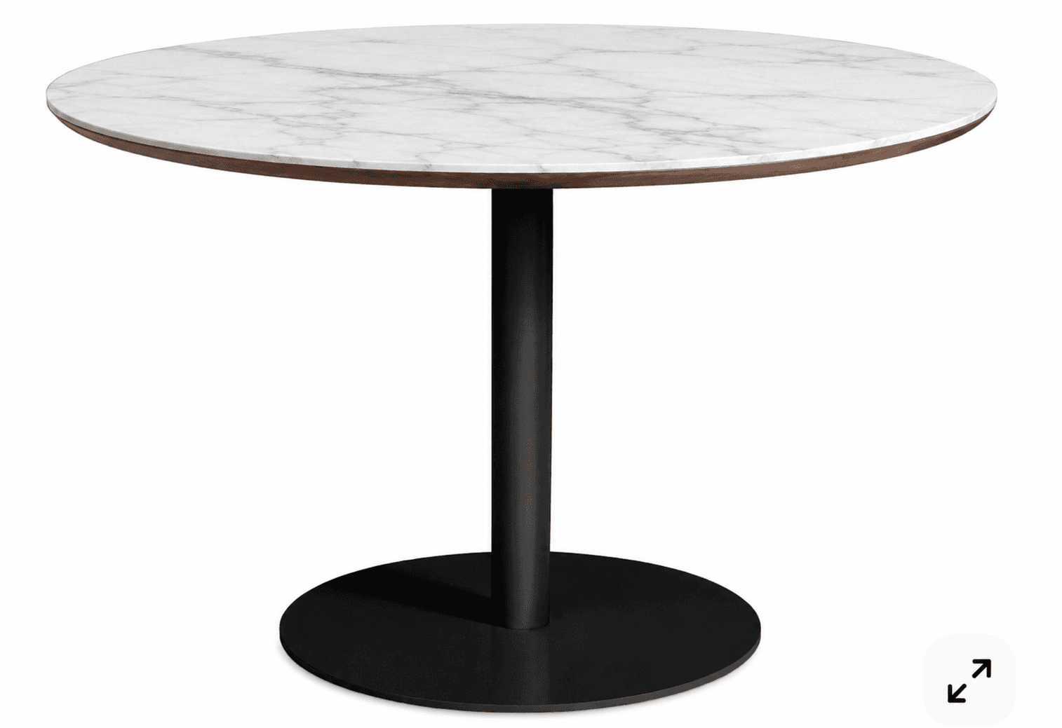 A modern round table featuring a white marble top with prominent gray veining, a slender black cylindrical pedestal base, and a round black metal floor plate. The marble top is supported by a visible dark wood or wood-finished edge. — 3D model