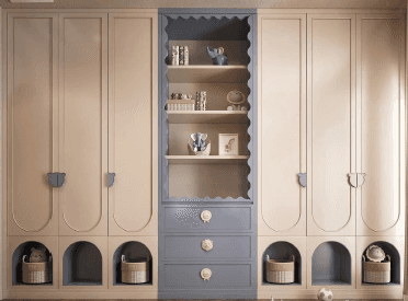 A tall, slender storage unit featuring three open shelves with decorative scalloped edges and three… — 3D model