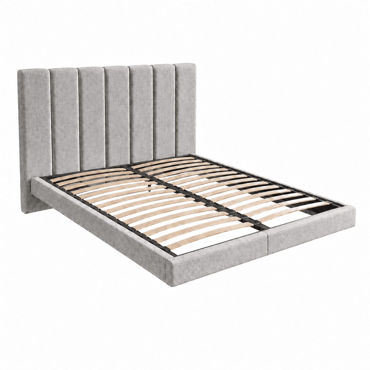 A contemporary platform bed frame featuring a tall, upholstered headboard with distinct vertical cha… — free OBJ 3D model