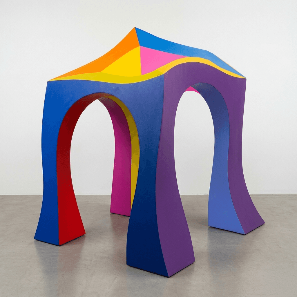 A brightly colored, abstract side table with four arched legs supporting a multi-faceted top. The le… — free STL 3D model