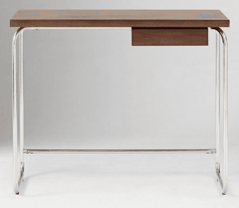 A modern desk with a wooden top and a single drawer, supported by a chrome-plated tubular steel fram… — 3D model