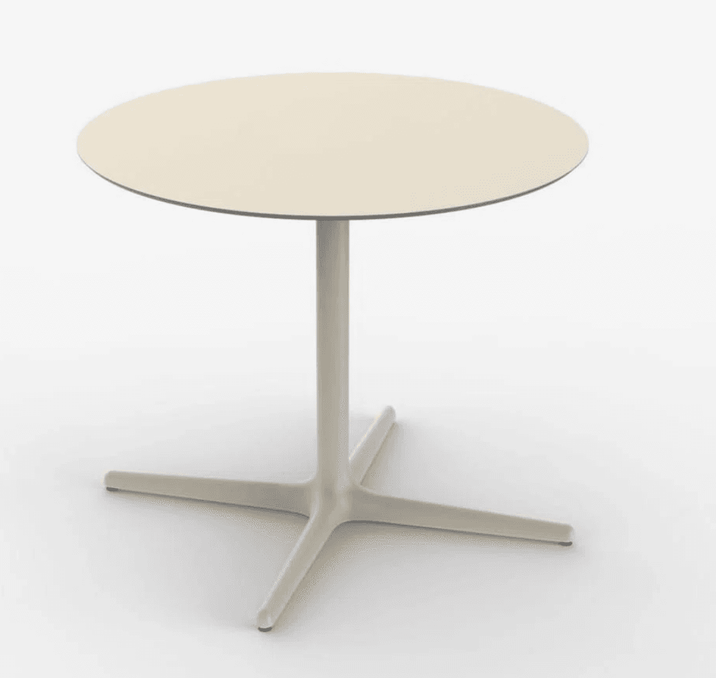 A round-top dining table with a single central pedestal base. The table features a circular top with a matte finish and a thin profile. The pedestal consists of a vertical column that branches out at the base into four legs forming a star-like configuration. — 3D model