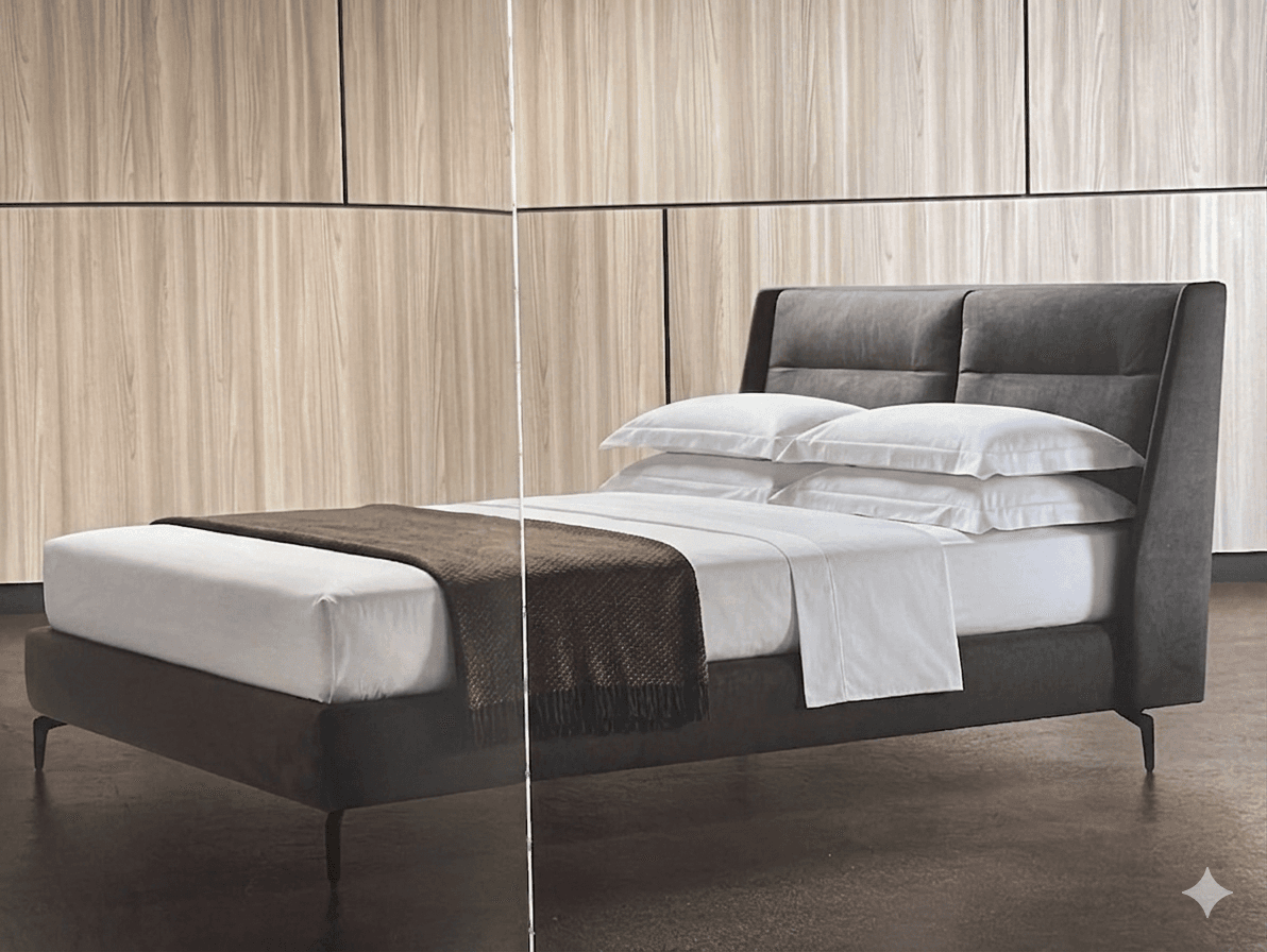 A modern upholstered bed frame with a headboard featuring vertical tufting. The bed is made up with white sheets, pillows, and a brown throw blanket. — 3D model