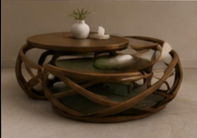 A modern multi-level coffee table featuring a distinctive interwoven wooden lattice base that supports two circular tabletops. One tabletop is higher and made of a natural wood tone, while the larger, lower tabletop features a smooth, matte green surface. The upper wooden top appears to be designed to swivel over the lower green section, creating flexible surface area. The overall aesthetic combines natural wood textures with a contemporary design and a pop of color. — 3D model
