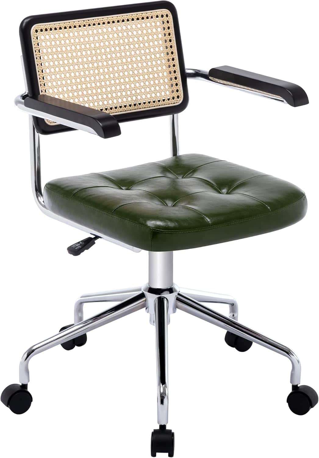 A modern office chair featuring a deep green tufted leather upholstered seat, a black-framed natural… — 3D model
