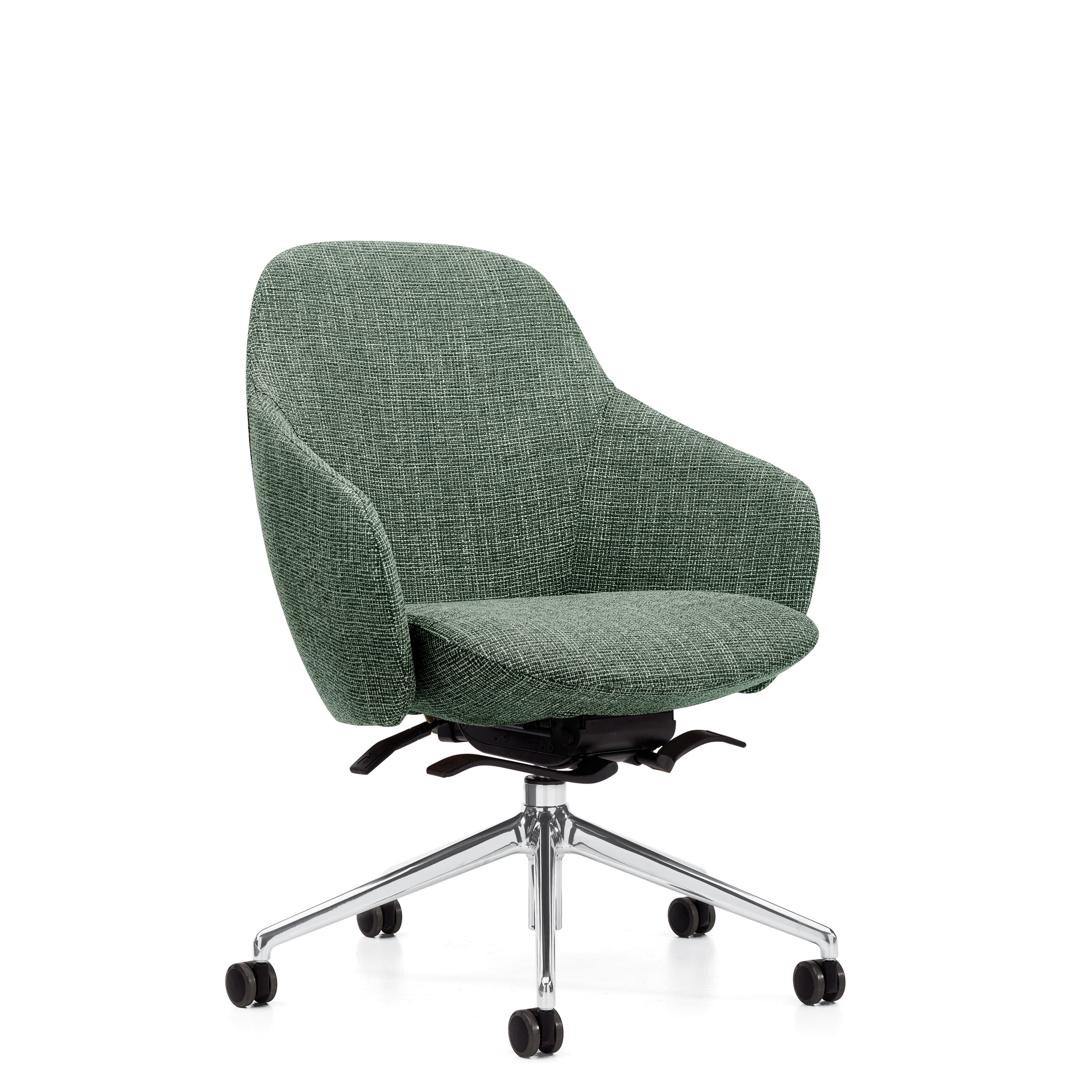A modern upholstered office chair with a low-profile, ergonomic design. The chair features a contoured seat and backrest, integrated armrests, and a five-star base with casters for mobility. The upholstery appears to be a textured fabric in a muted green hue. The base and support column are finished in polished chrome. — 3D model