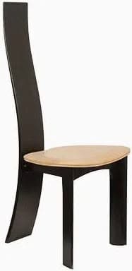 A modern side chair featuring a tall, dramatically curved black backrest and a light-toned, sculpted wooden seat. The frame and back are finished in a dark, possibly black or very dark brown, while the seat is natural wood. The front legs are straight and rectangular, matching the dark finish of the frame. — 3D model