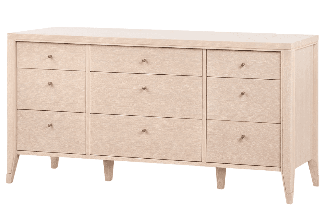 A contemporary dresser featuring nine drawers, a light wood finish, and minimal brass knob hardware,… — 3D model