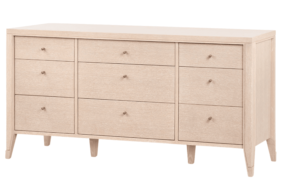 A contemporary dresser featuring nine drawers, a light wood finish, and minimal brass knob hardware, standing on tapered legs. — 3D model