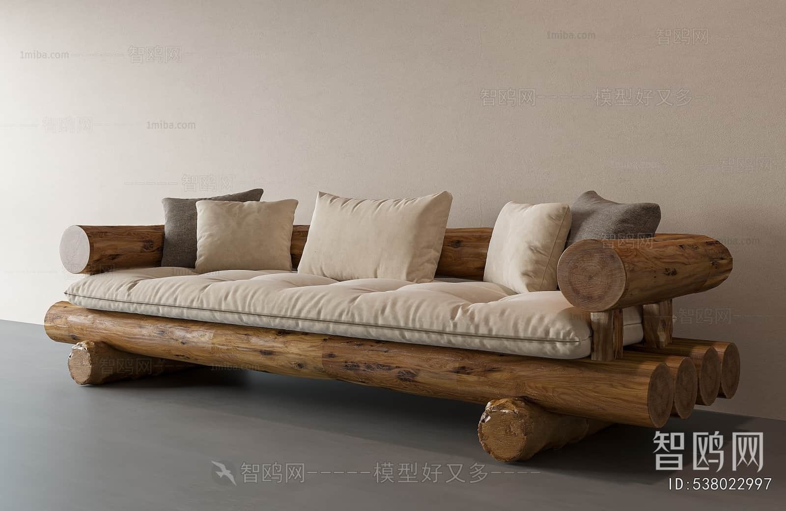 A rustic-style daybed sofa featuring a robust frame constructed from natural, unfinished wooden logs… — 3D model