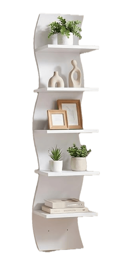 A tall, slender, white wall-mounted shelving unit featuring a distinctive wavy back panel. It incorp… — 3D model