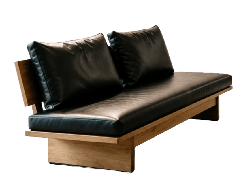 A modern daybed featuring a sturdy natural wood frame and plush black leather seat and back cushions, designed for comfortable lounging. — 3D model