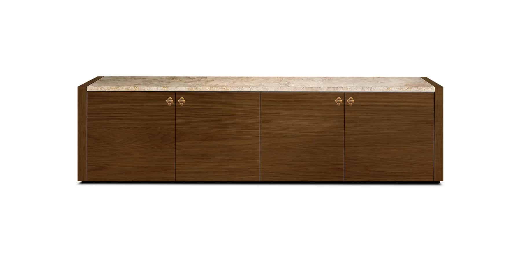A rectangular, four-door storage cabinet featuring a light-colored marble or stone top and a dark wo… — 3D model
