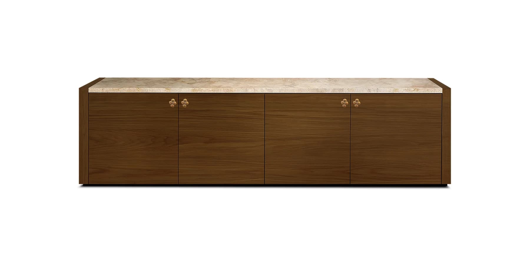 A rectangular, four-door storage cabinet featuring a light-colored marble or stone top and a dark wood body. The doors have subtle brass decorative pulls. — 3D model