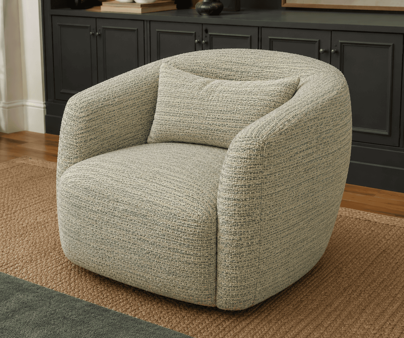 A contemporary upholstered swivel accent chair with a rounded, barrel-like silhouette, featuring a t… — free OBJ 3D model