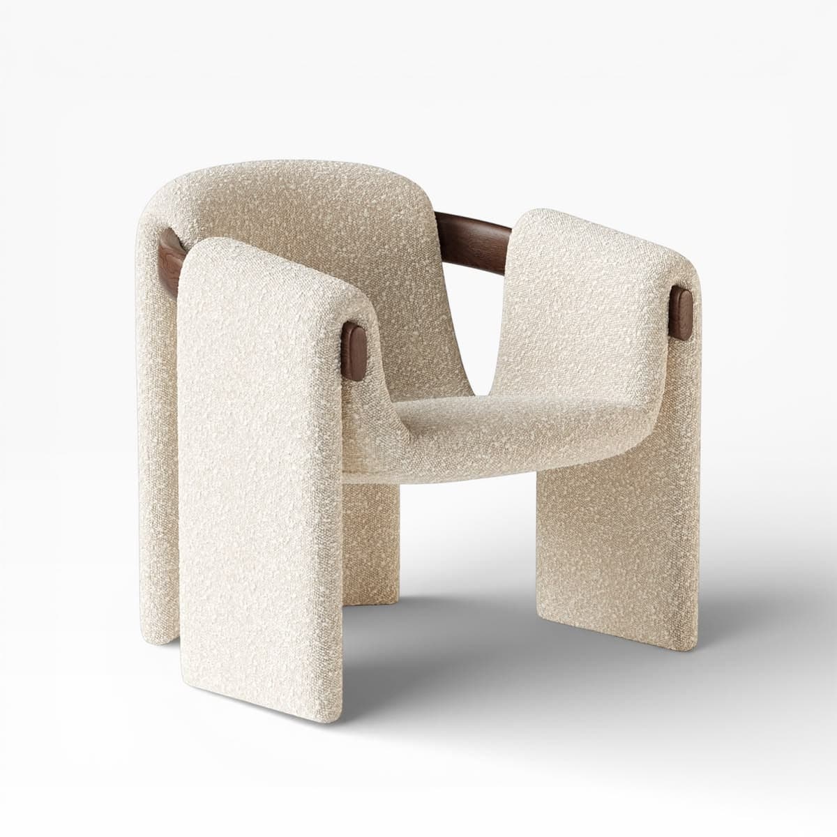 A contemporary armchair featuring a distinctive sculptural form, fully upholstered in a textured cream bouclé fabric. The design incorporates integrated armrests and backrest, with exposed dark-stained wooden elements functioning as structural supports and aesthetic accents. The chair has a chunky, rounded silhouette, resting on four broad upholstered legs. — 3D model