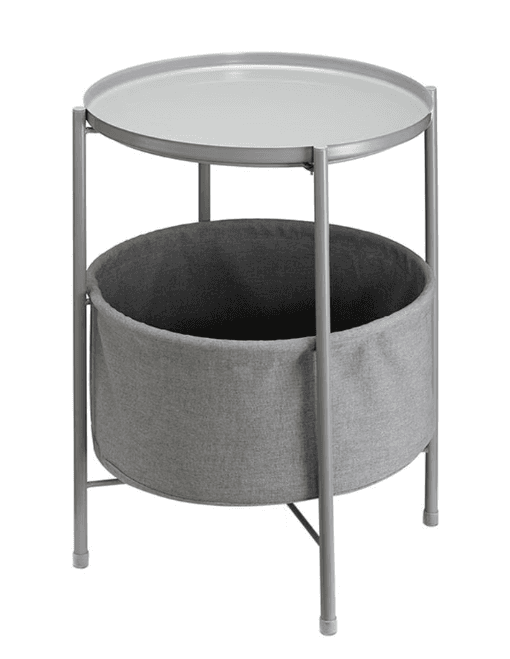 A small, round side table featuring a grey metal frame and a removable grey fabric storage basket positioned beneath a circular, tray-style tabletop. The table stands on four slender metal legs. — 3D model