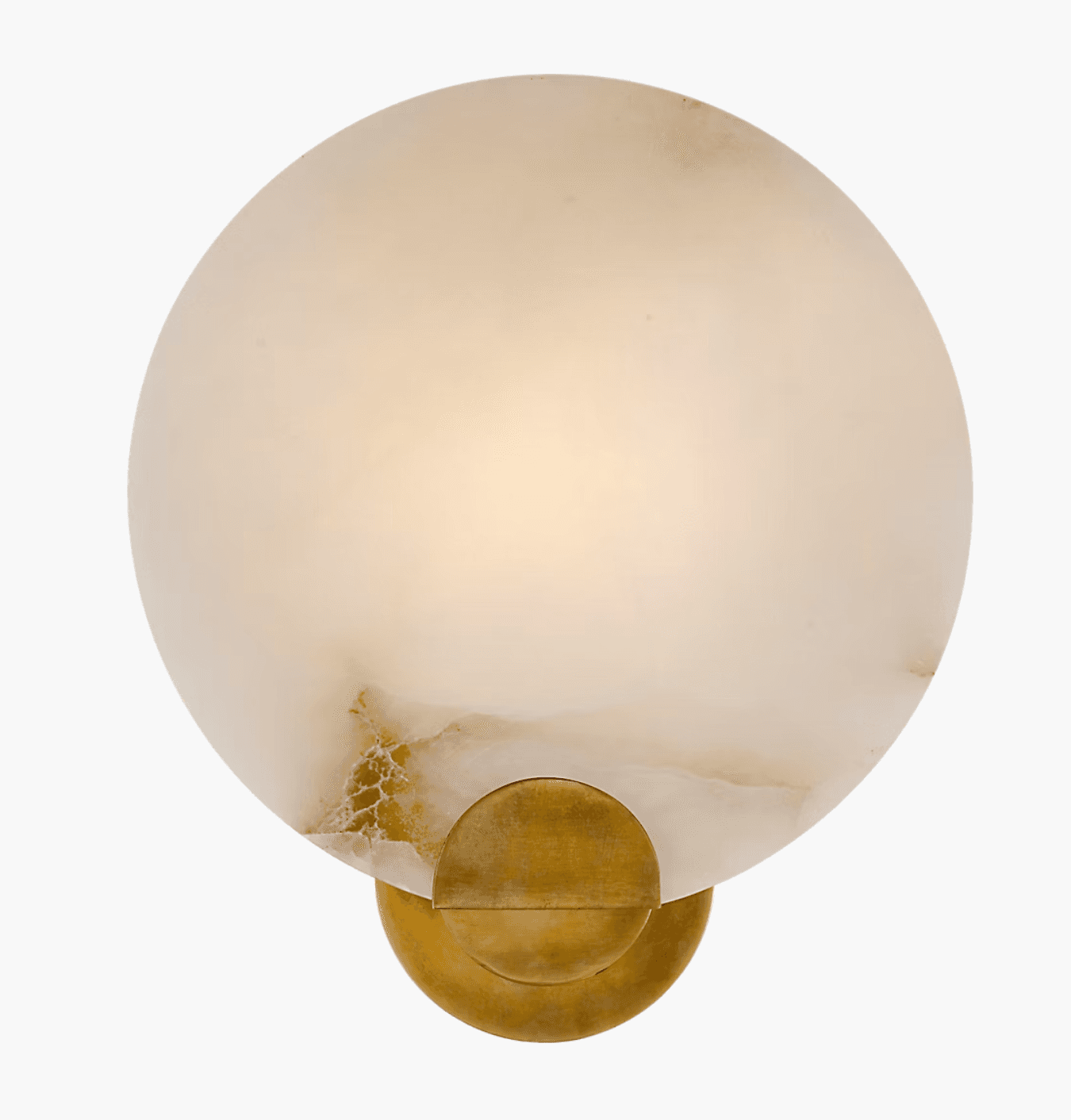 A modern wall sconce featuring a circular, translucent natural stone diffuser with subtle veining, mounted on a compact, brushed brass base. The light is emitted softly and diffusedly through the stone. — 3D model