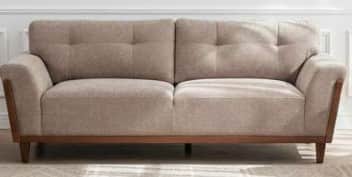 A contemporary two-seater sofa featuring a light beige fabric upholstery and an exposed medium-brown… — free GLTF 3D model
