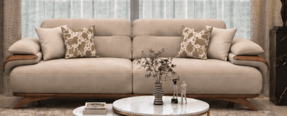 A contemporary upholstered sofa in a neutral beige fabric, featuring distinctive integrated wooden a… — free GLTF 3D model