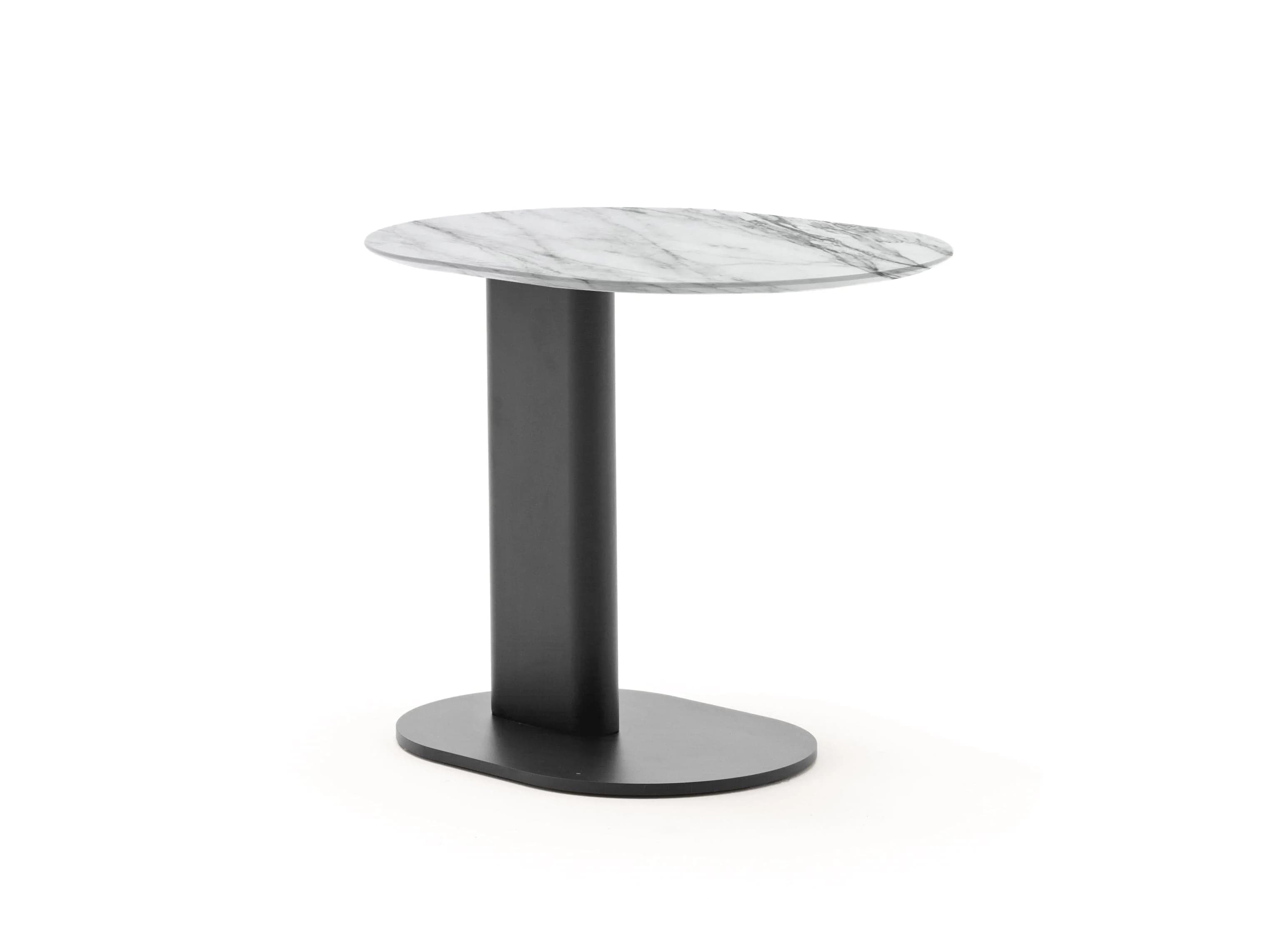 A modern accent table featuring an irregular, organically shaped marble top and a dark-finished, minimalist pedestal base with an oval foot. — 3D model