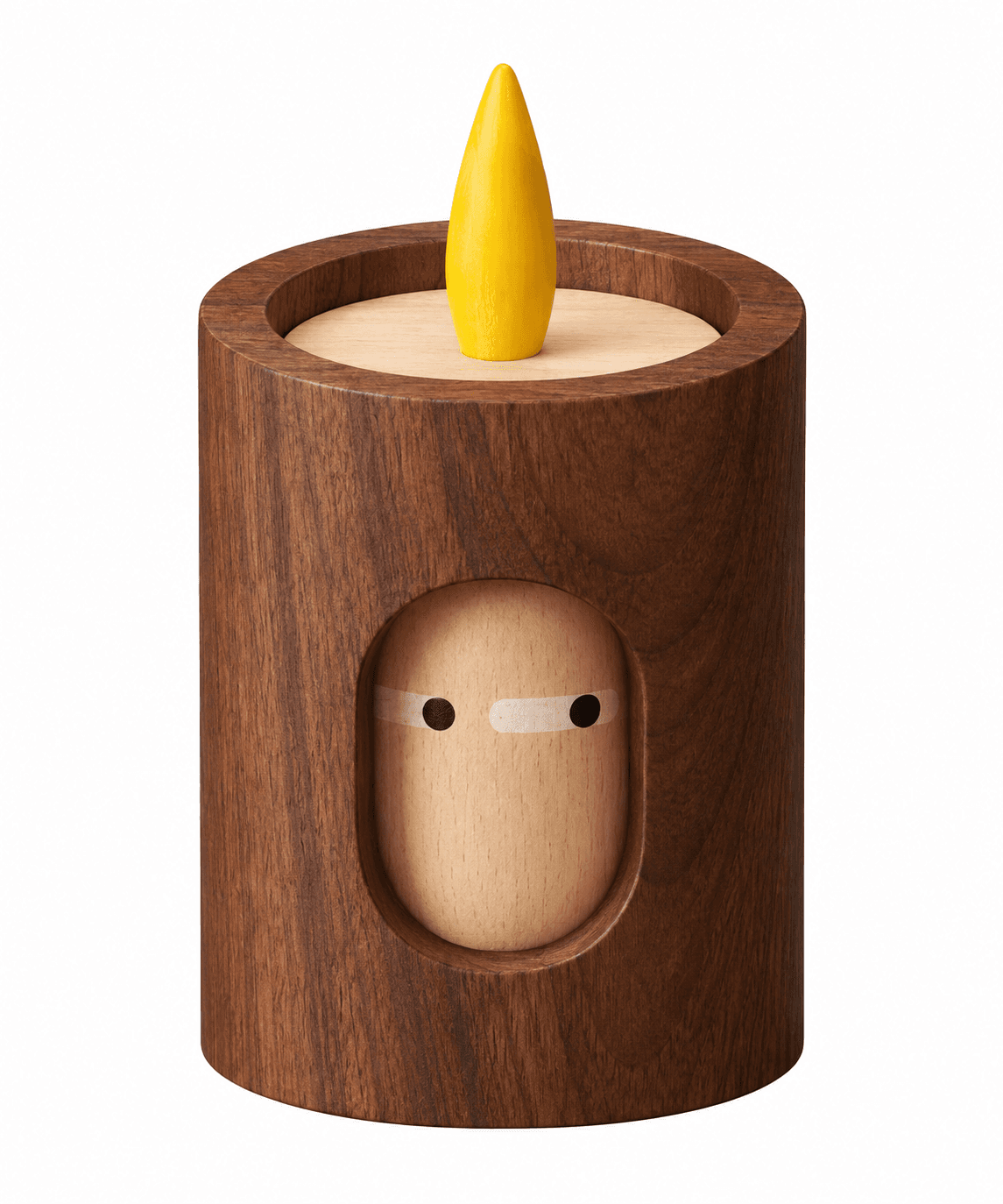 A cylindrical decorative object made primarily of wood, designed to resemble a candle. It features a bright yellow, flame-shaped element at the top, and a cut-out on the side revealing a smaller, light-toned wooden figure with simple facial features. — 3D model