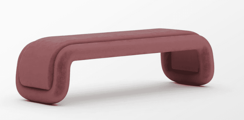 A contemporary bench featuring a continuous, fully upholstered form in a dusty rose or mauve velvet-… — 3D model