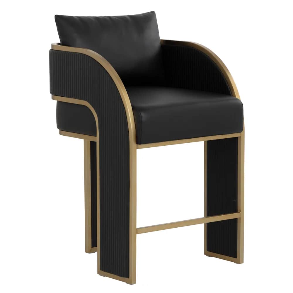 A modern bar stool with a black upholstered seat and back, featuring a curved armrest design. The fr… — 3D model