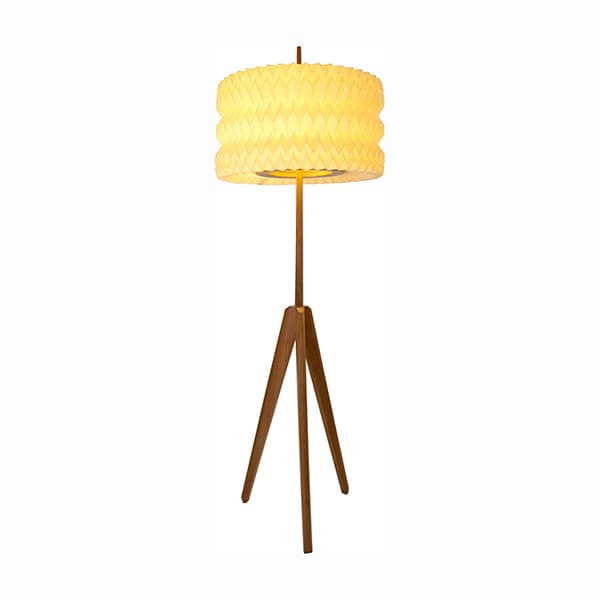 A floor lamp with a cylindrical, textured lampshade and a tripod base. The lampshade has a geometric, layered pattern. The stand is a single pole extending from the tripod legs. The color of the light emitted is warm yellow. — 3D model