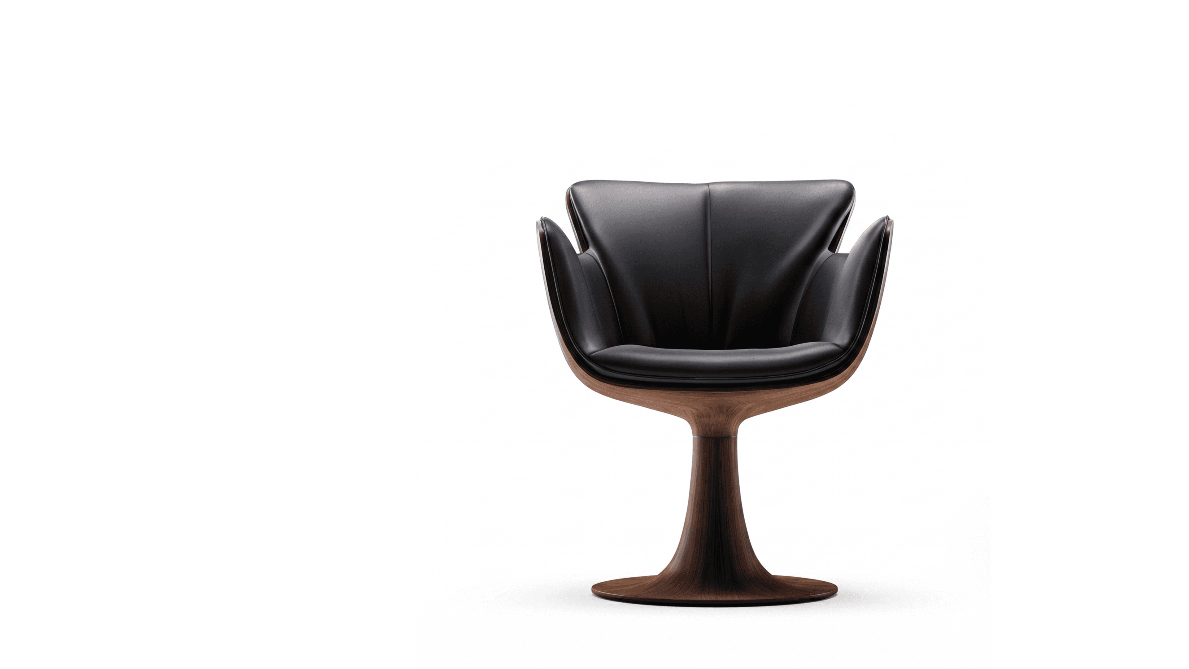 A modern lounge chair featuring a dark wood shell and black leather upholstery, supported by a sculp… — 3D model