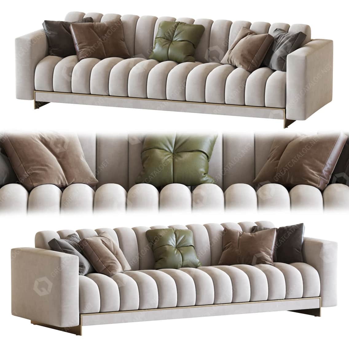 A contemporary three-seater sofa featuring distinctive channel tufting across the backrest and seat.… — 3D model