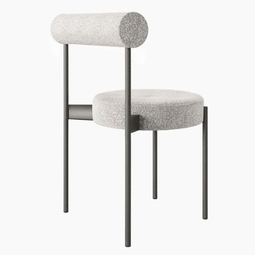 A modern upholstered chair with a cylindrical backrest and a circular seat. The chair features a dark metal frame with thin legs. The upholstery is a textured, light-colored fabric. — 3D model