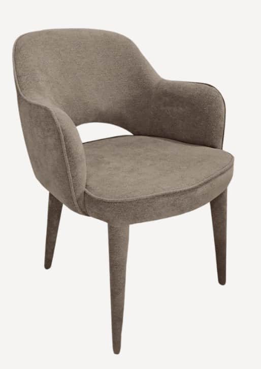A taupe upholstered armchair with a curved backrest and integrated armrests. The chair features a ro… — free OBJ 3D model