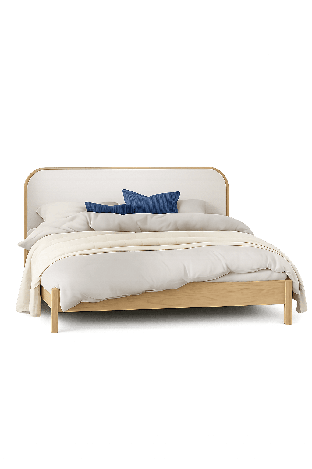 A bed frame with a white upholstered headboard featuring rounded corners and a light wood surround. The bed is dressed with white bedding, including a duvet and a throw blanket, and two blue throw pillows. — 3D model