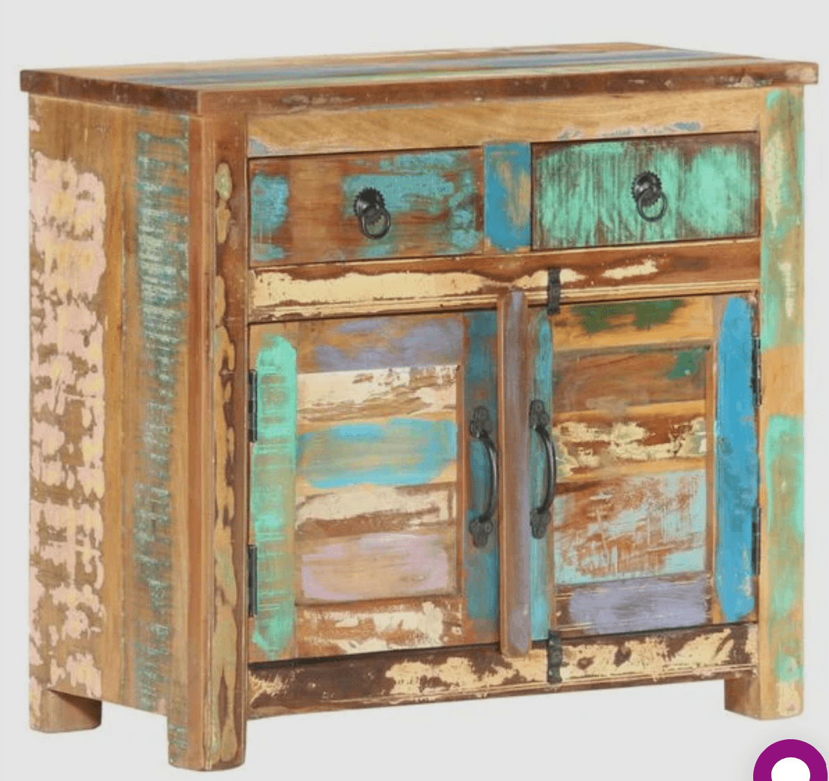 A compact wooden sideboard or accent cabinet featuring a distressed, multi-color finish crafted from… — free BLEND 3D model