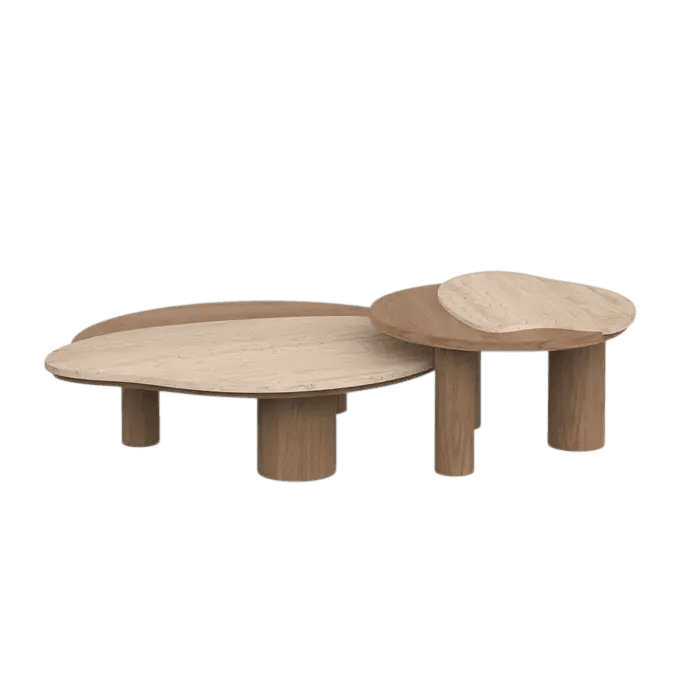 A set of two organically shaped, low-profile coffee tables with unique leg structures. The larger table has a flattened, oval top with a curved edge, and is supported by two cylindrical legs and a single, thicker, column-like leg. The smaller table, nested partially under the larger one, has an irregular, amoeba-like top and is supported by two cylindrical legs. The tops appear to be made of a stone-like material with subtle veining, possibly travertine, while the legs are made of wood with a visible grain. — 3D model