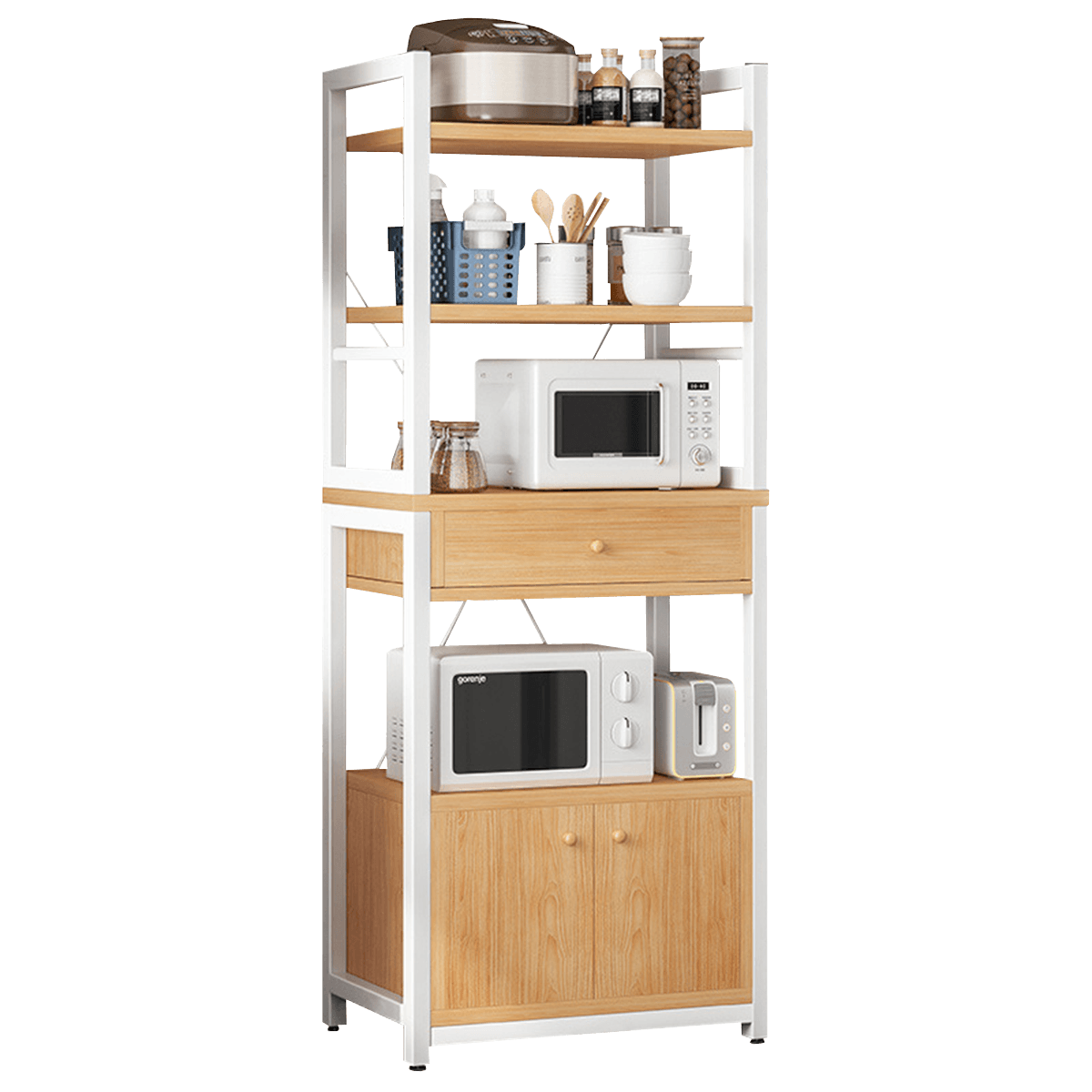 A tall, multi-functional kitchen storage unit featuring a white metal frame, light wood-grain shelves, a central pull-out drawer, and a lower two-door cabinet. It is designed to accommodate various kitchen appliances and provide organized storage. — 3D model