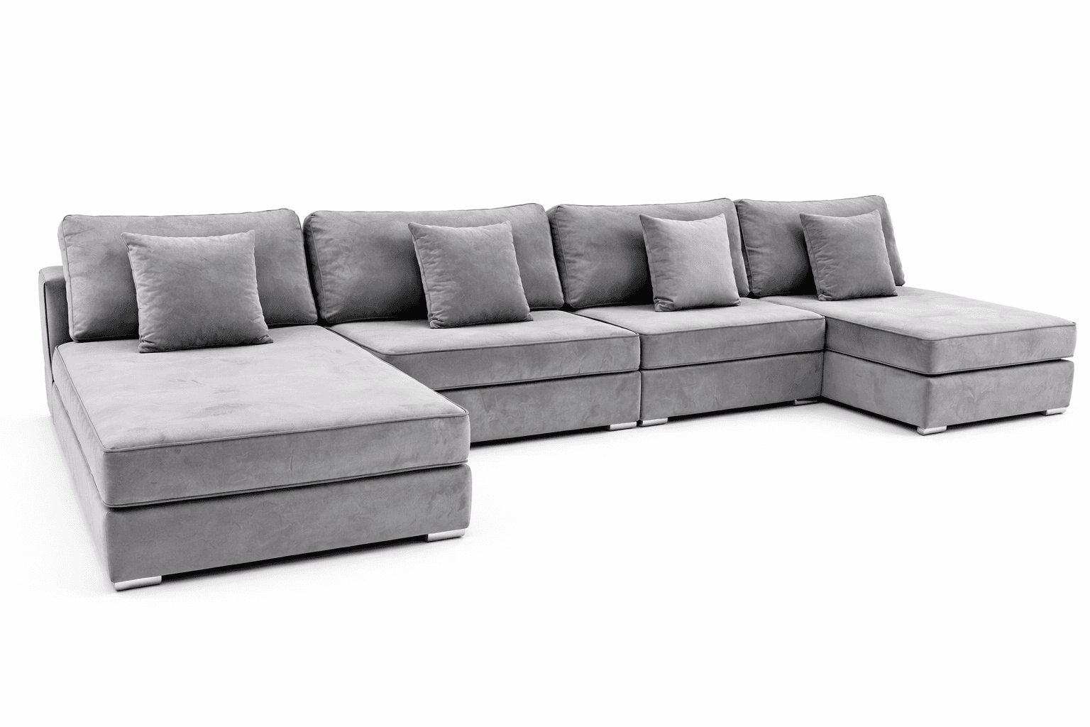 A modular, U-shaped sectional sofa upholstered in a soft, grey fabric. The sofa features deep seatin… — free SKP 3D model