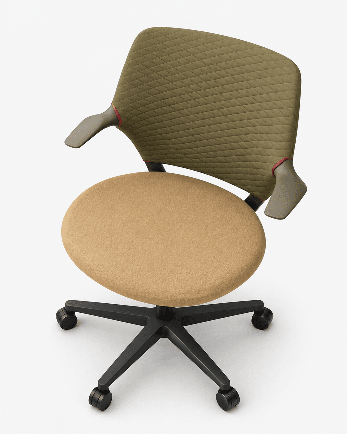 A modern swivel office chair featuring a round, upholstered tan fabric seat and a contoured, quilted olive-green fabric backrest. It includes integrated armrests and rests on a black five-star base with casters for mobility. — 3D model