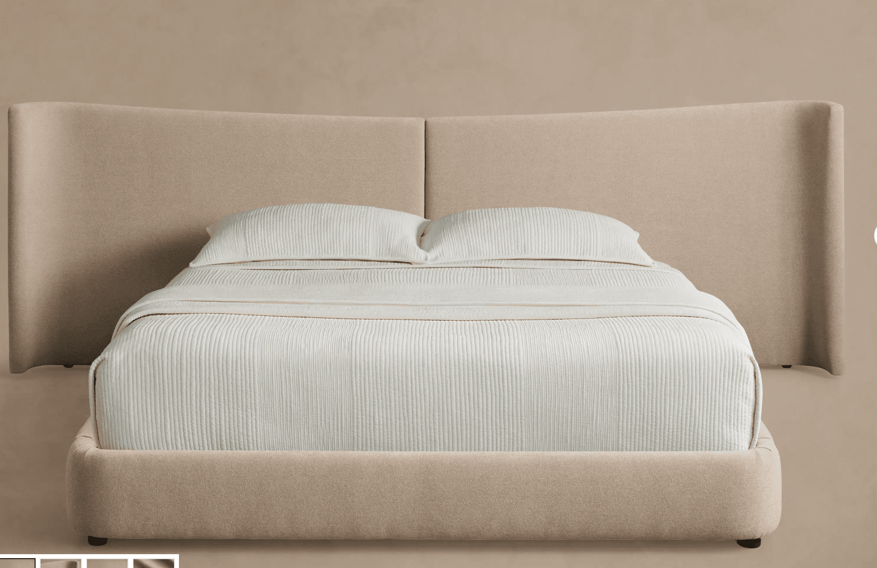 A contemporary upholstered platform bed featuring a distinctive winged headboard. The entire frame, including the headboard and bed base, is covered in a light beige, textured fabric. The headboard has a central seam and gracefully curved, outward-flaring wings on either side, providing a soft, enveloping aesthetic. The bed sits low to the ground on small, discreet feet. — 3D model