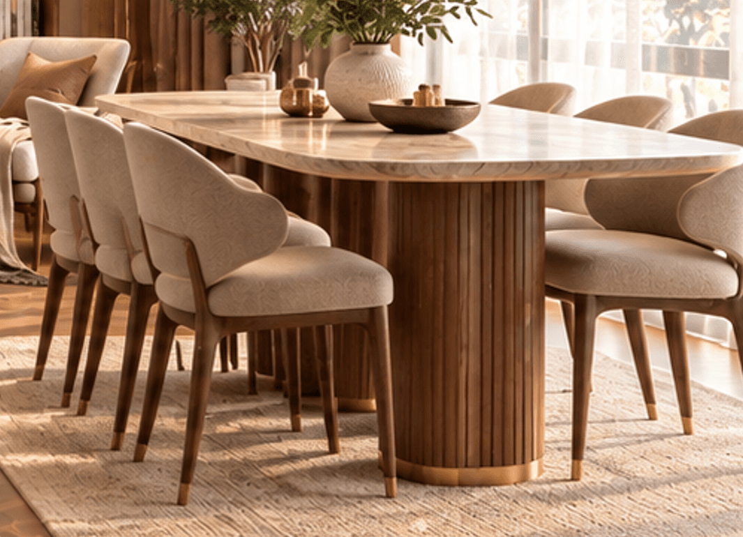 A modern rectangular dining table featuring a white marble top with prominent grey veining, resting on two cylindrical pedestal bases. The pedestals are constructed with vertically fluted wood in a rich brown tone and are accentuated at the bottom with a slim, polished brass band. The tabletop has subtly rounded corners, contributing to its contemporary aesthetic. — 3D model