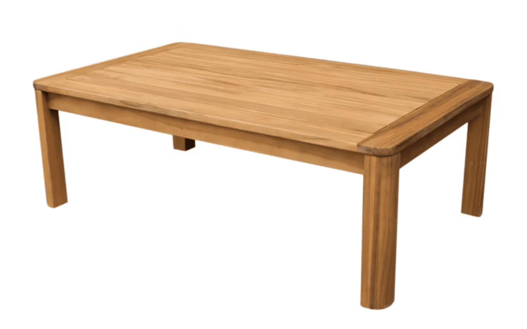 A rectangular coffee table constructed from natural wood, likely teak, featuring a slatted top surface and sturdy block legs. The design is minimalist and functional, suitable for both indoor and outdoor settings. — 3D model