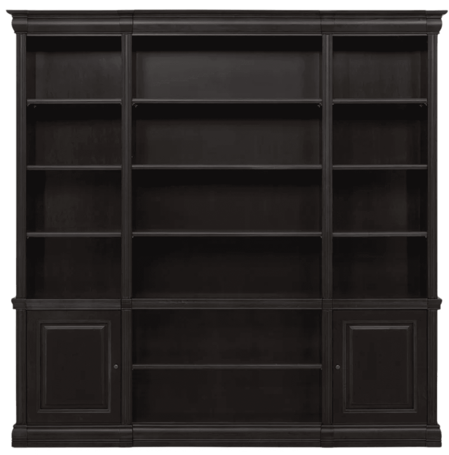 A large, dark wood bookcase with a symmetrical design. It features three vertical sections, with the outer two having narrower shelves and the central section having wider shelves. The lower portion of the outer sections has cabinet doors with inset panels and small knobs, concealing storage space. The top has a decorative molding. — 3D model