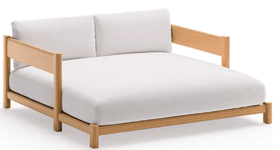 A modern, minimalist daybed featuring a sturdy light-colored wooden frame and plush white cushions.… — 3D model