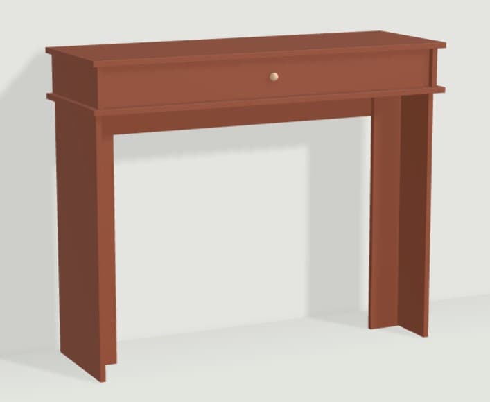 A minimalist console table rendered in a reddish-brown hue. It features a narrow rectangular top surface, a single drawer with a small brass-colored knob, and two broad, flat-panel legs forming a U-shaped base. The design is clean and understated, emphasizing functionality and simplicity. The top surface overhangs the drawer unit slightly, and the drawer unit itself sits above the main leg structure, creating a subtle tiered appearance. The material appears to be solid wood or a wood composite with a matte finish. — 3D model