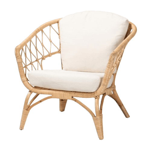 A natural rattan armchair with a curved back and armrests. It features a woven cane pattern on the s… — 3D model