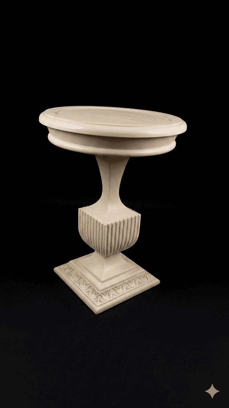 A small, round pedestal table with a light, creamy finish, featuring a fluted central column and a d… — 3D model