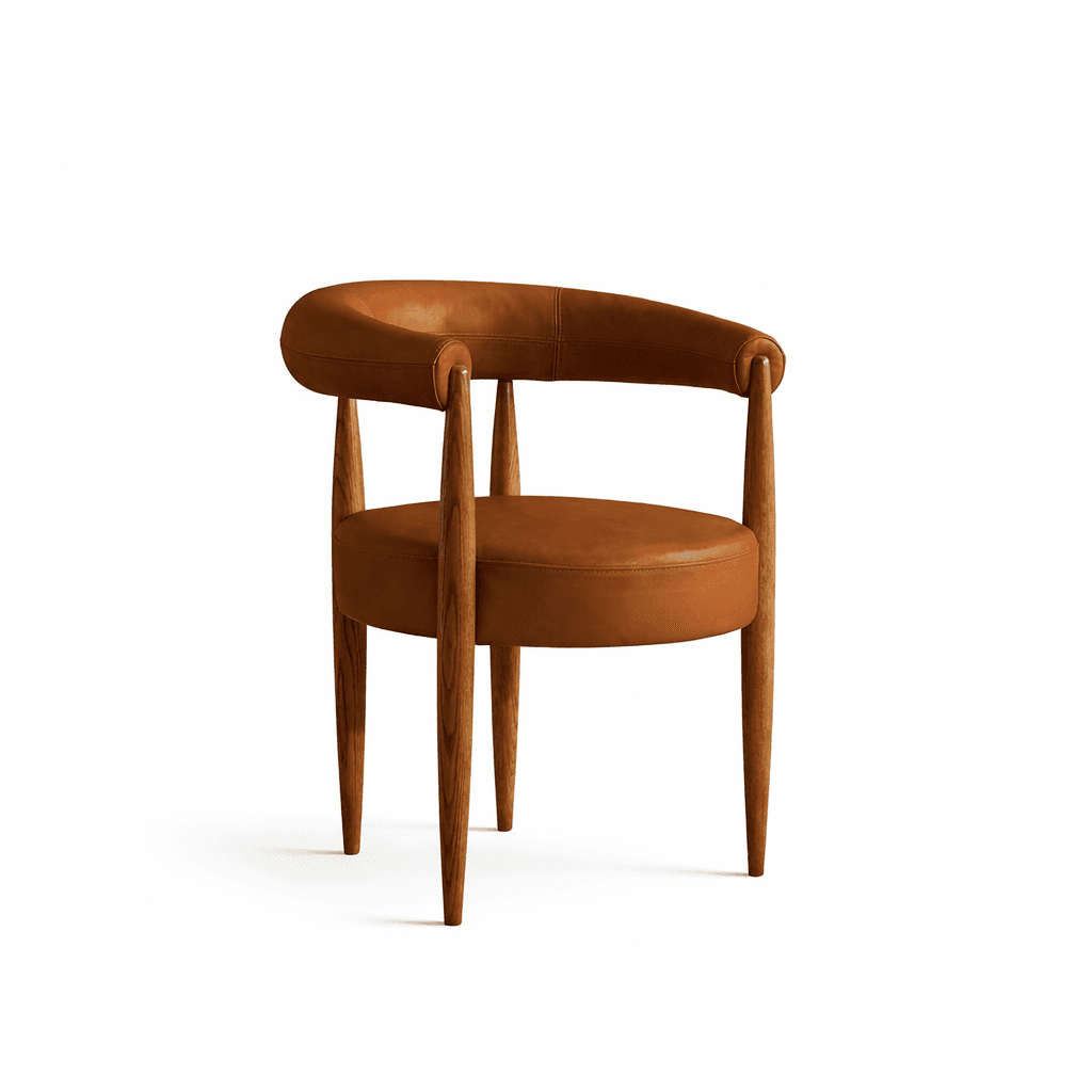 A contemporary armchair featuring a barrel-shaped backrest and seat upholstered in brown leather, su… — 3D model